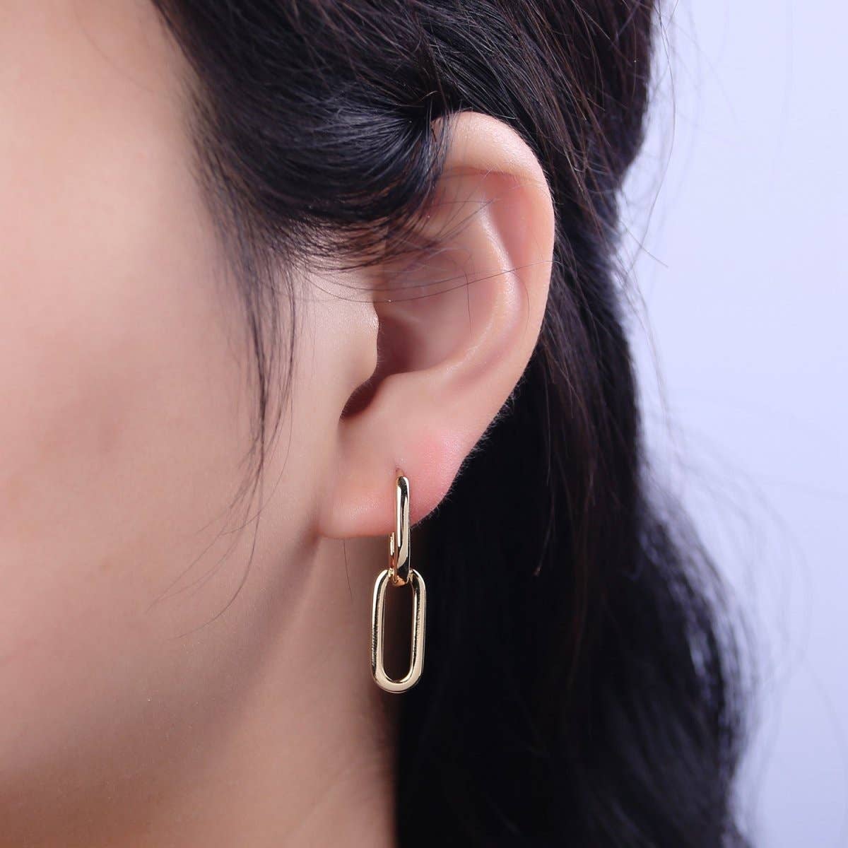 14K Gold Filled Oval Hoop Chunky Earrings With Dangle Link Chain Rectangular Hoop Earrings, Geometric Hoops