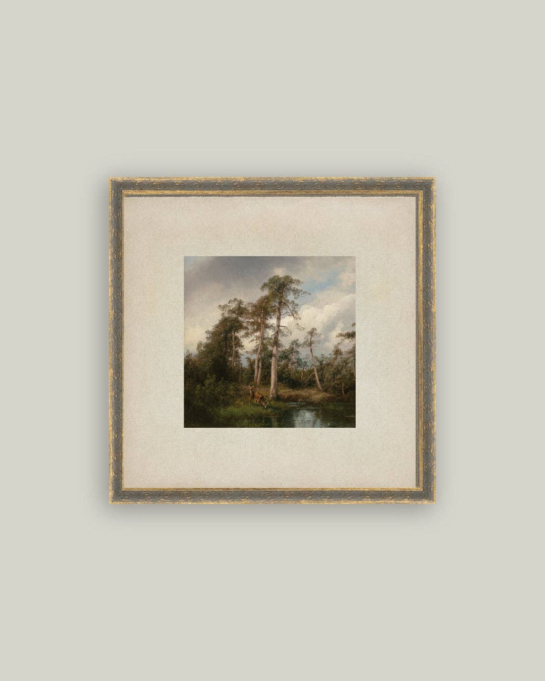 Live Oaks with Deer Framed Antique Art