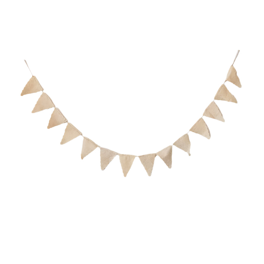 Beige fabric triangle banner on a light gray background