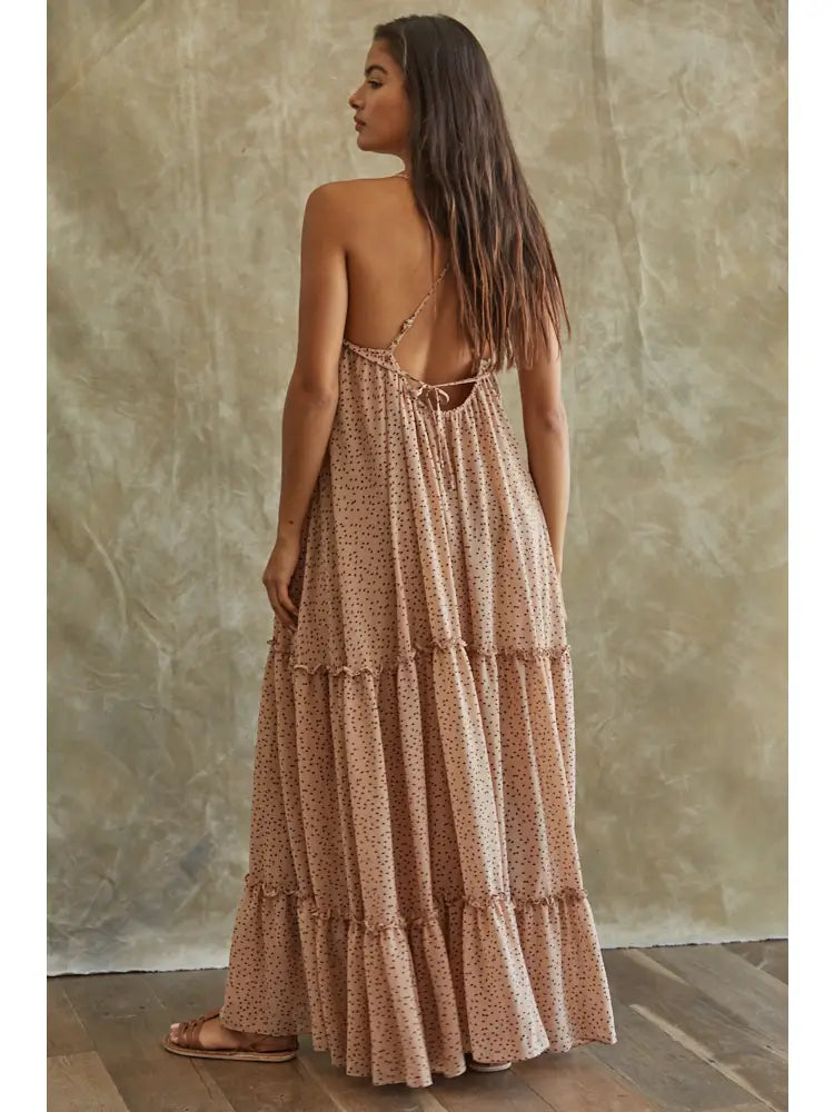 Dot Print V Neck Sleeveless Cross Back Ruffle Maxi Dress Light Taupe