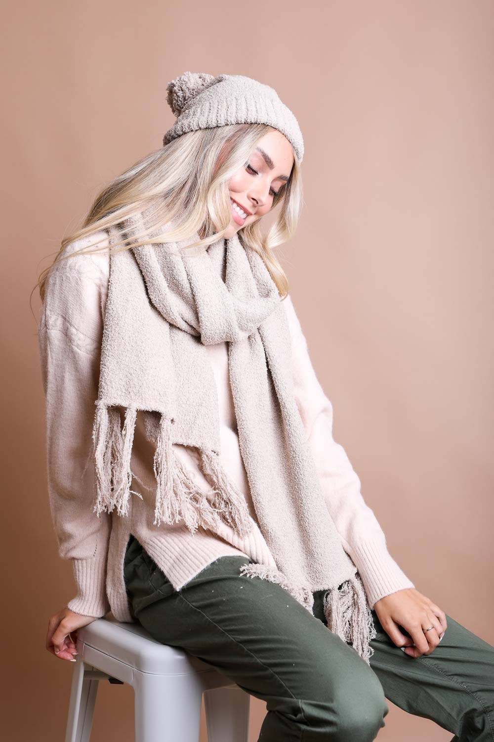 Ivory Cozy Boucle Pom Beanie