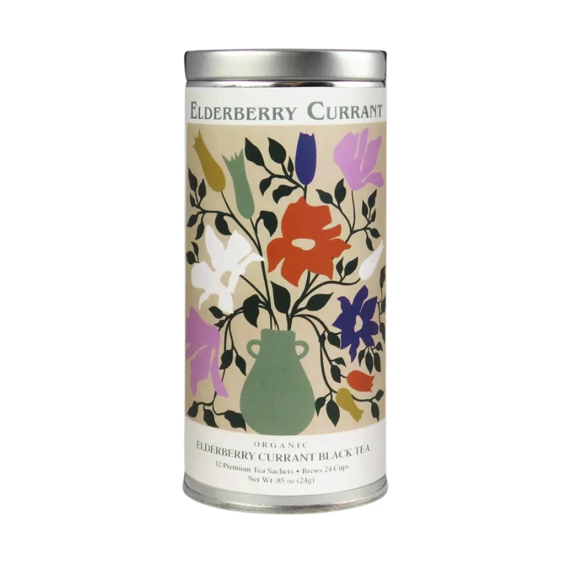 Tea canister with floral design and 'Elderberry Currant' text on a light gray background