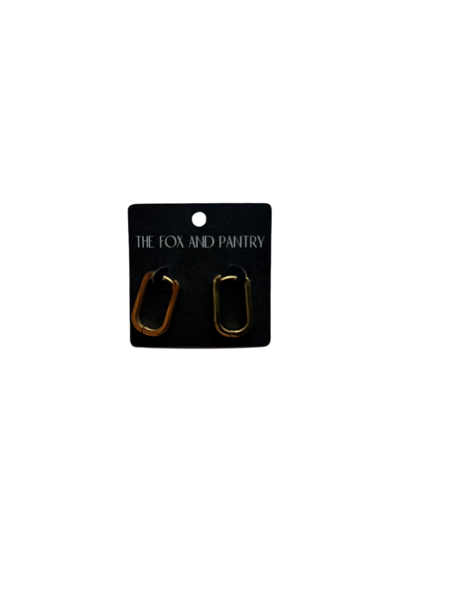 Gold hoop earrings on a black card with 'The Old Pantry' branding against a light gray background