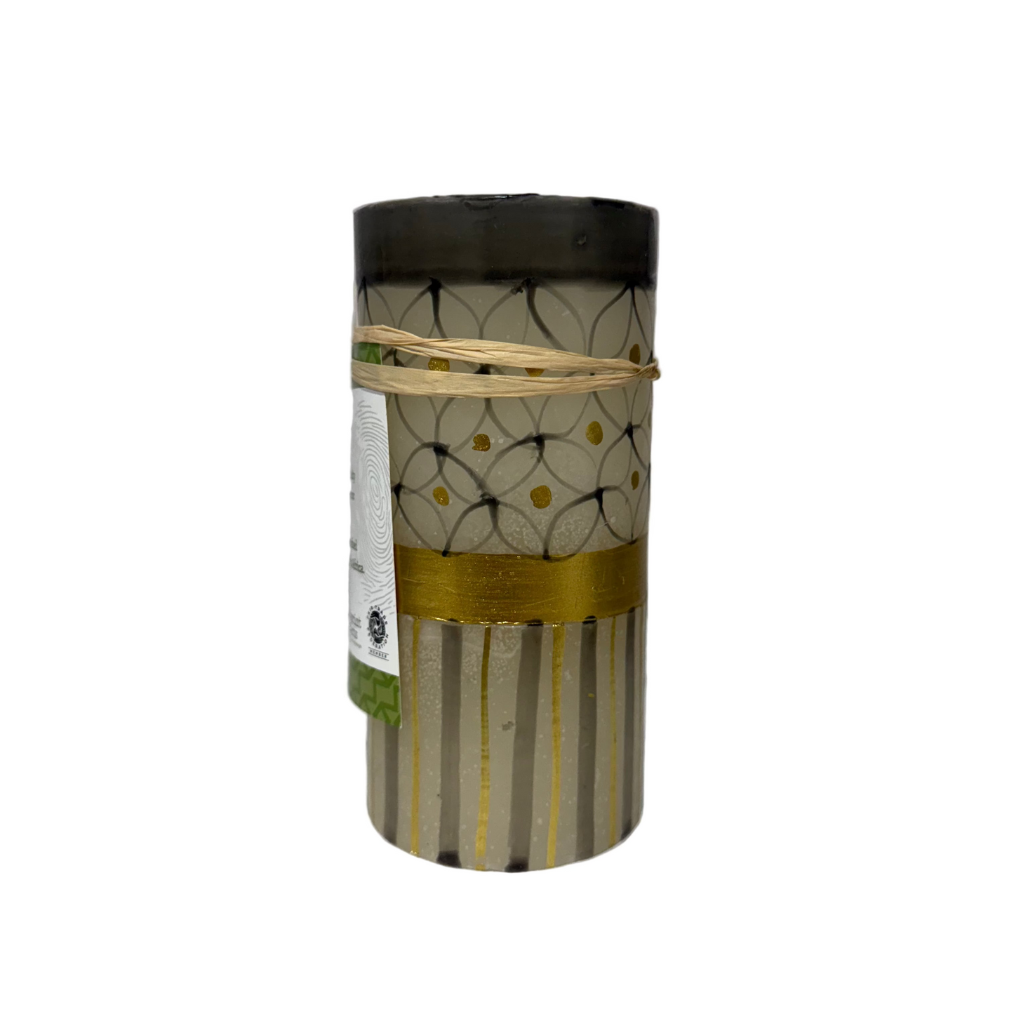 Cylindrical product with decorative band on a white surface