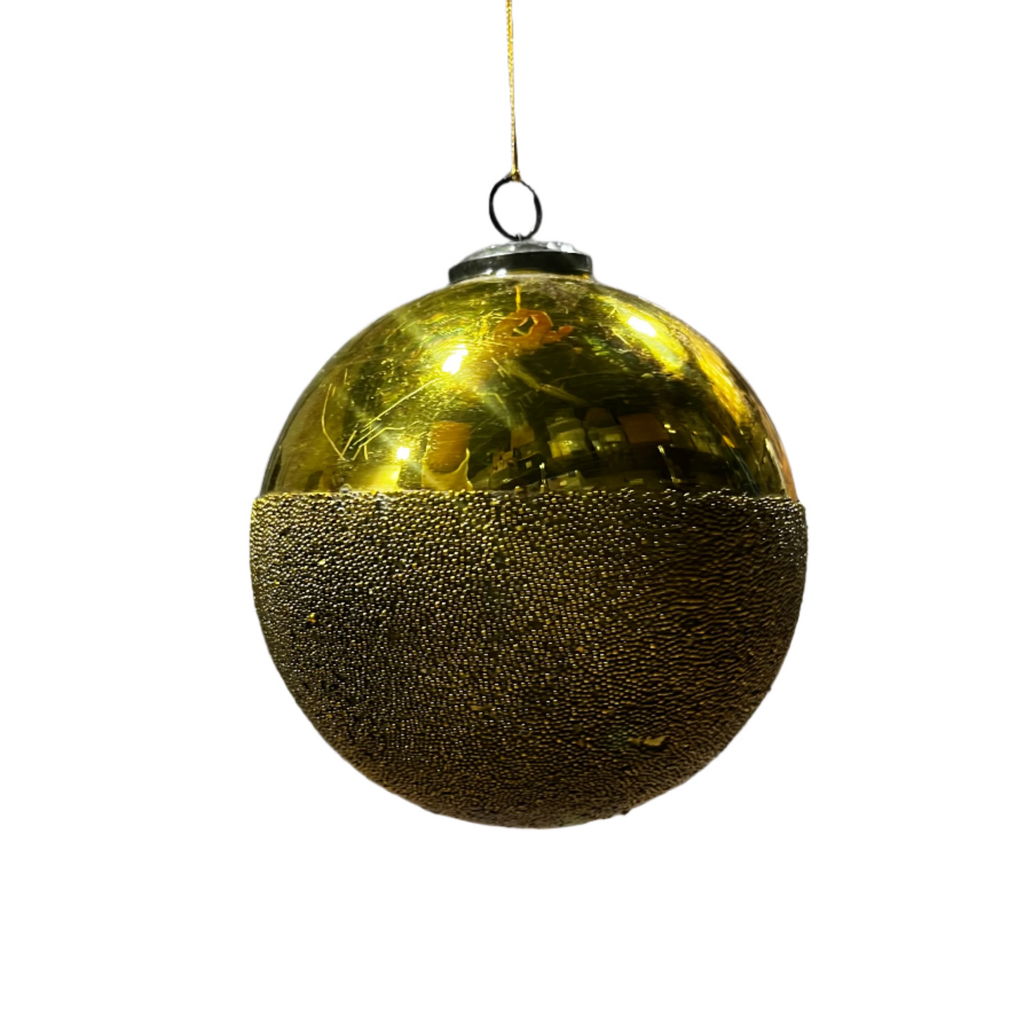 Large Round Glass Ball Ornament, Antique Gold Finish 6"