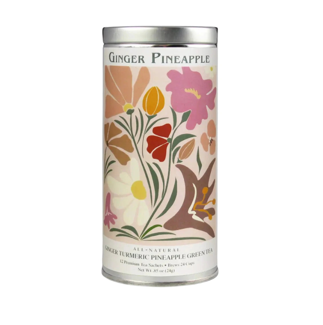 Tea canister with floral design and 'Ginger Pineapple' text on a light gray background