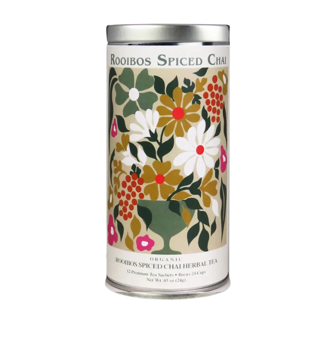 Tea canister with floral design on a white background