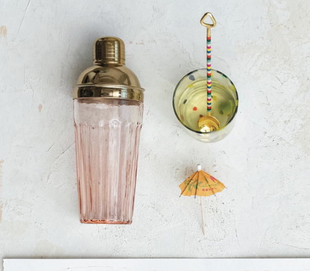 Glass Cocktail Shaker w/ Stainless Steel Top, Pink & Gold Finish