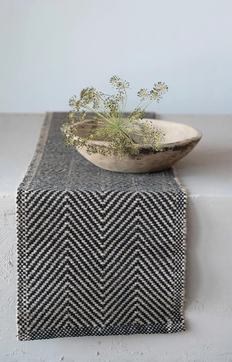Woven Jute and Cotton Table Runner with Chevron Pattern