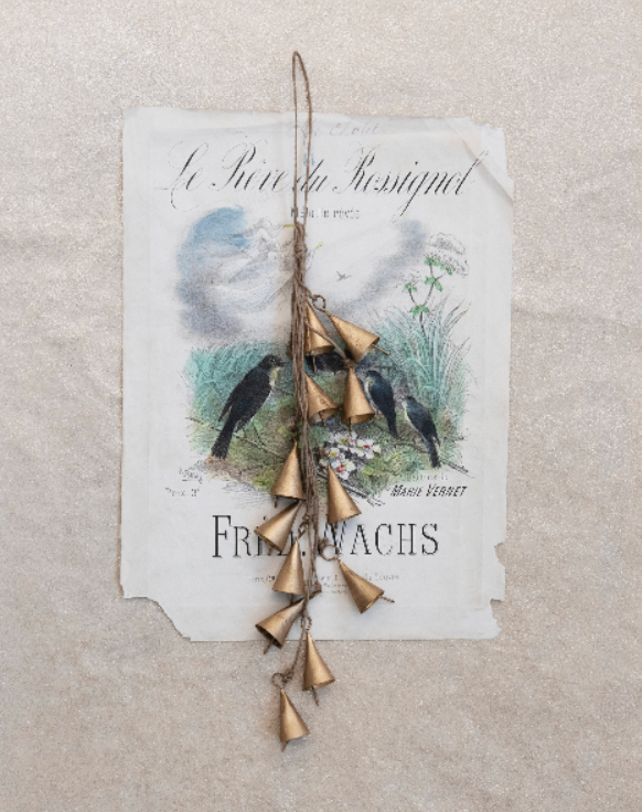 Dainty Hanging Metal Bell Cluster with Jute Rope, Antique Brass Finish