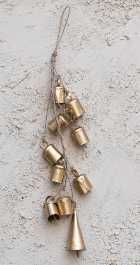 Handmade Hanging Metal Bells on Jute Rope, Gold Finish