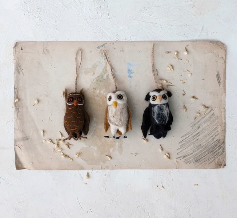 Handmade Wool Felt Owl Ornament w/ Embroidery, 3 Styles