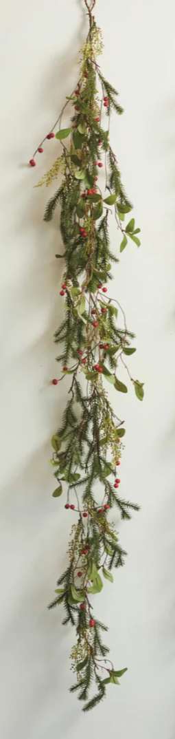 Faux Pine & Mistletoe Garland with Red Berries