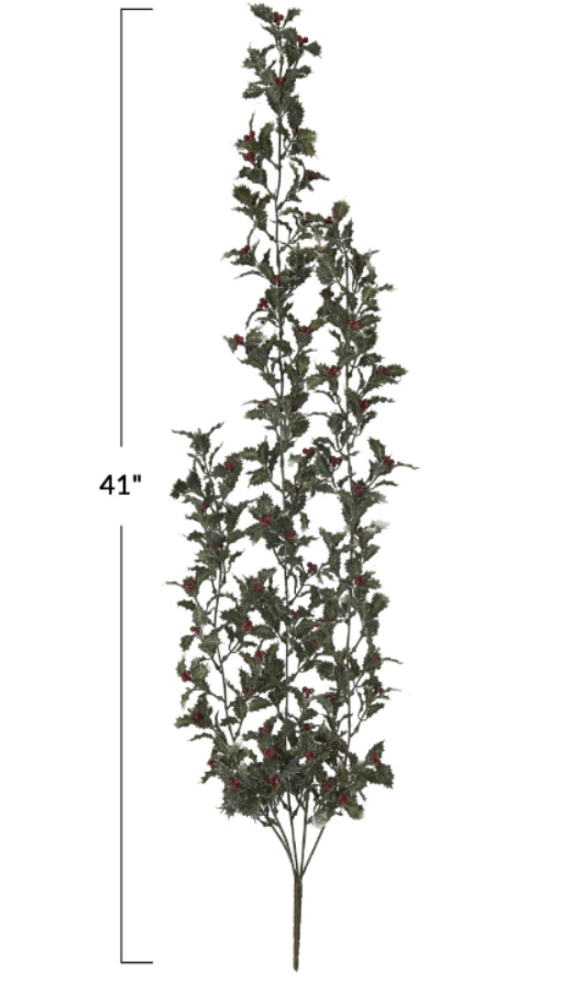Faux Holly Spray w/ Red Berries, Ice Finish, Green
