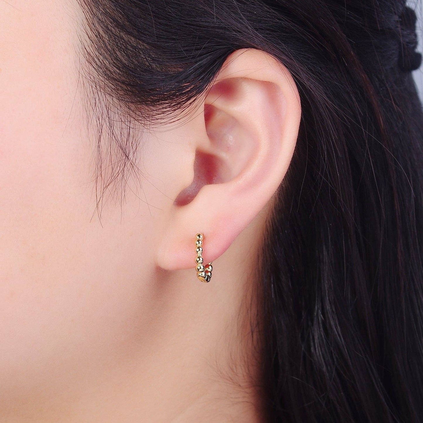14K Gold Filled Beaded Ball Round Bubble Huggie Hoop Earring