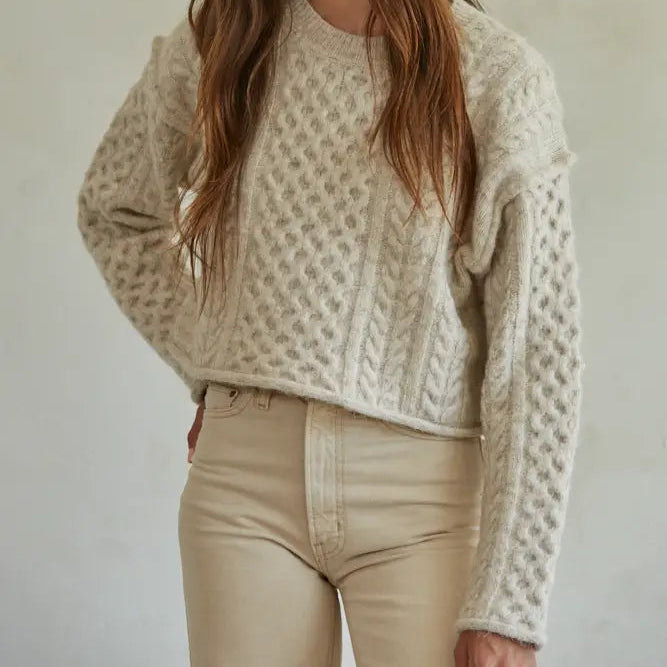 Cable Knit Crew Neck Long Sleeve Pullover Top