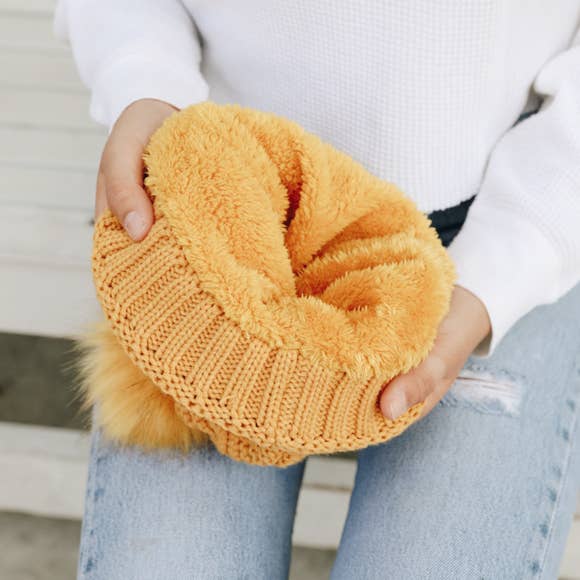 Chunky Knit Pom Beanie with Faux Sherpa Lining
