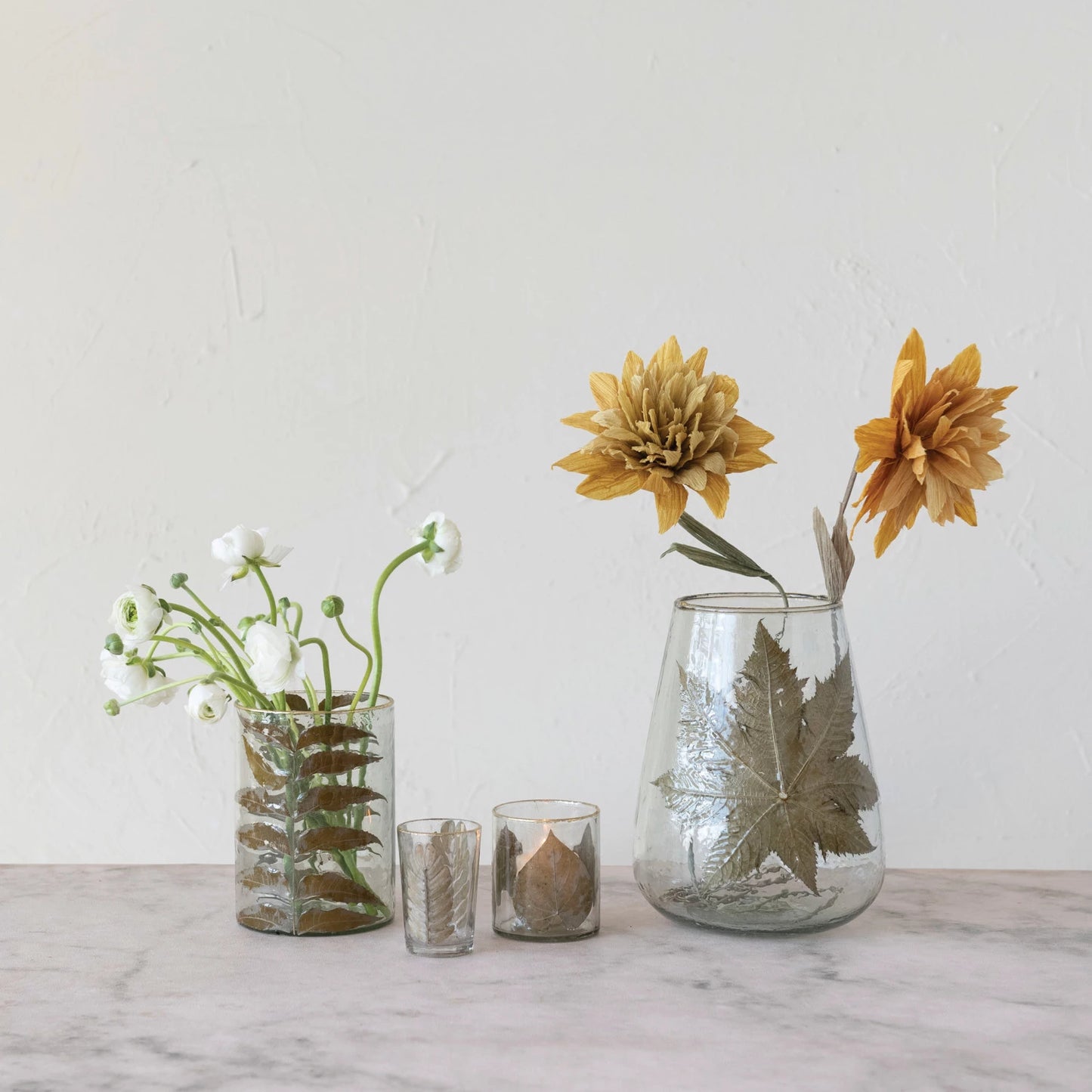 Glass Votive Holder w/mosaic Leaf