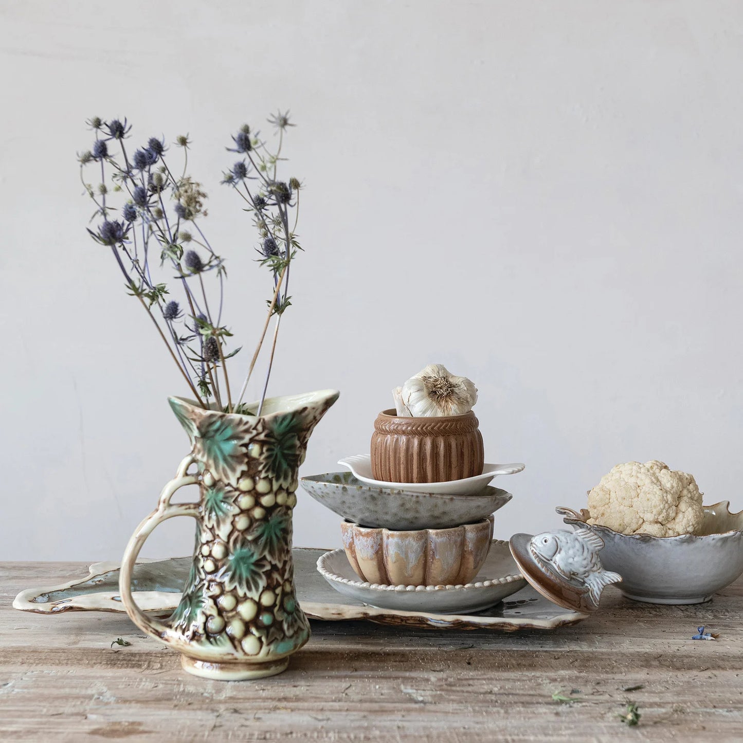 Stoneware Low Bowl with Hobnail Rim, White (Each One Will Vary)