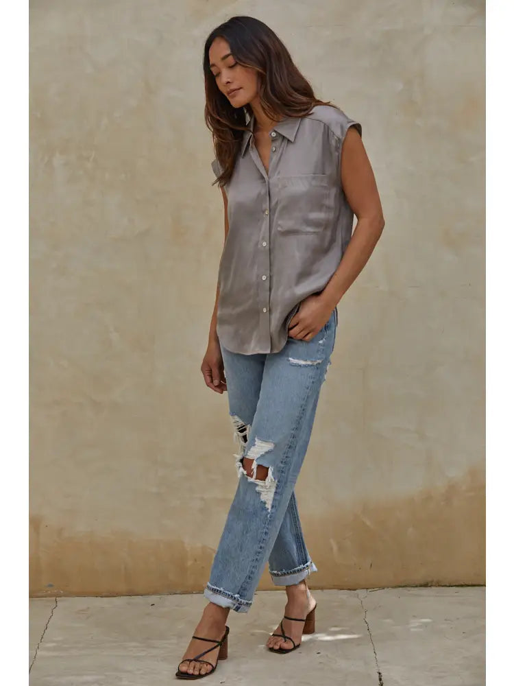 Woven Polyester Satin Sleeveless Button Down Top