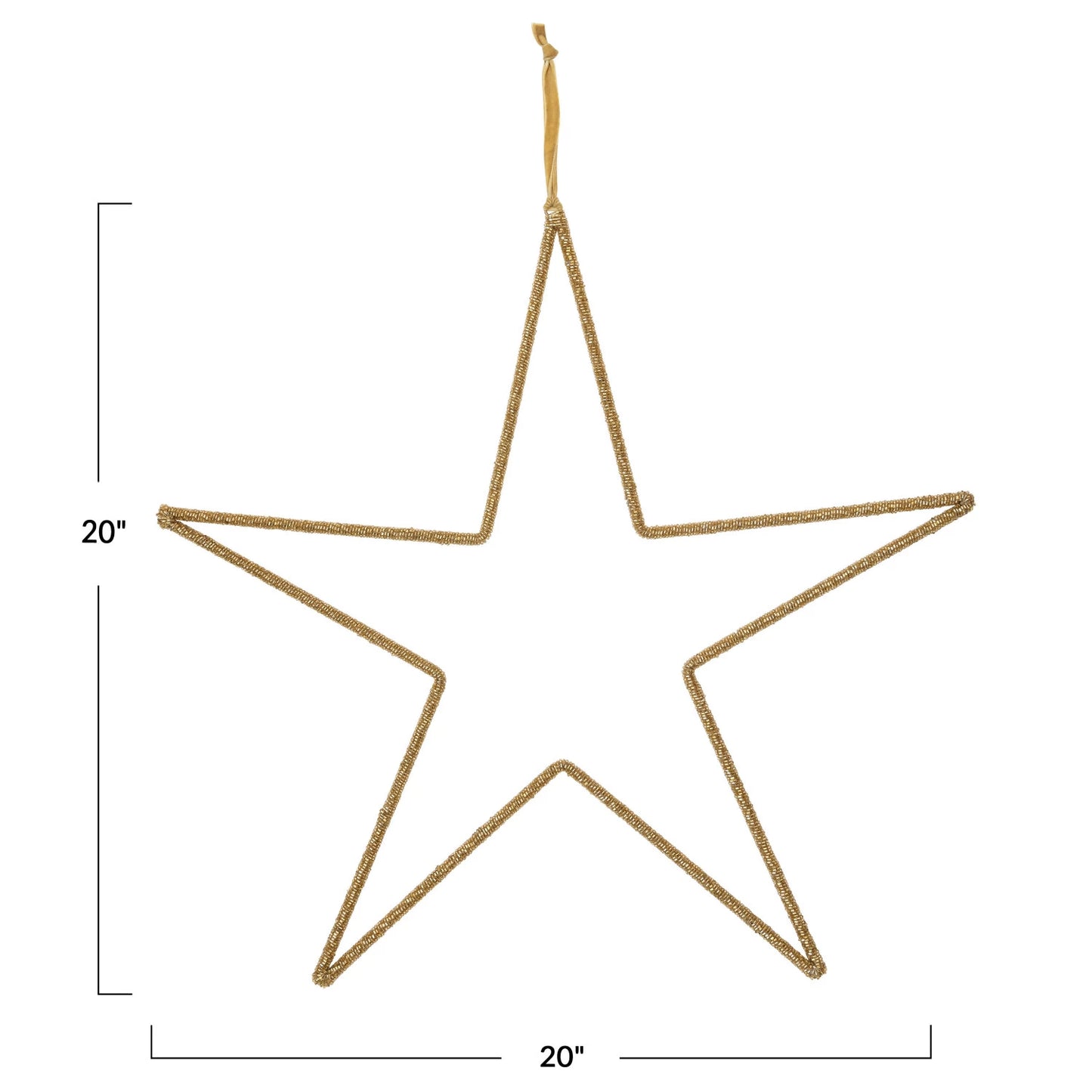 Hanging Metal & Glass Bead Star w/ Cotton Velvet Ribbon, Gold Finish