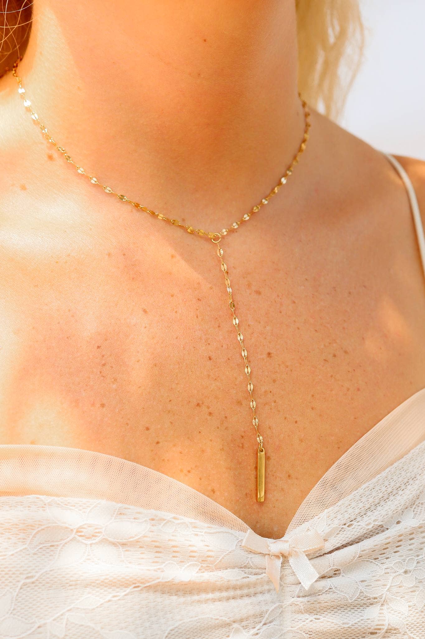 18K Gold l Y-Shaped Blank Bar Pendant Lariat Necklace