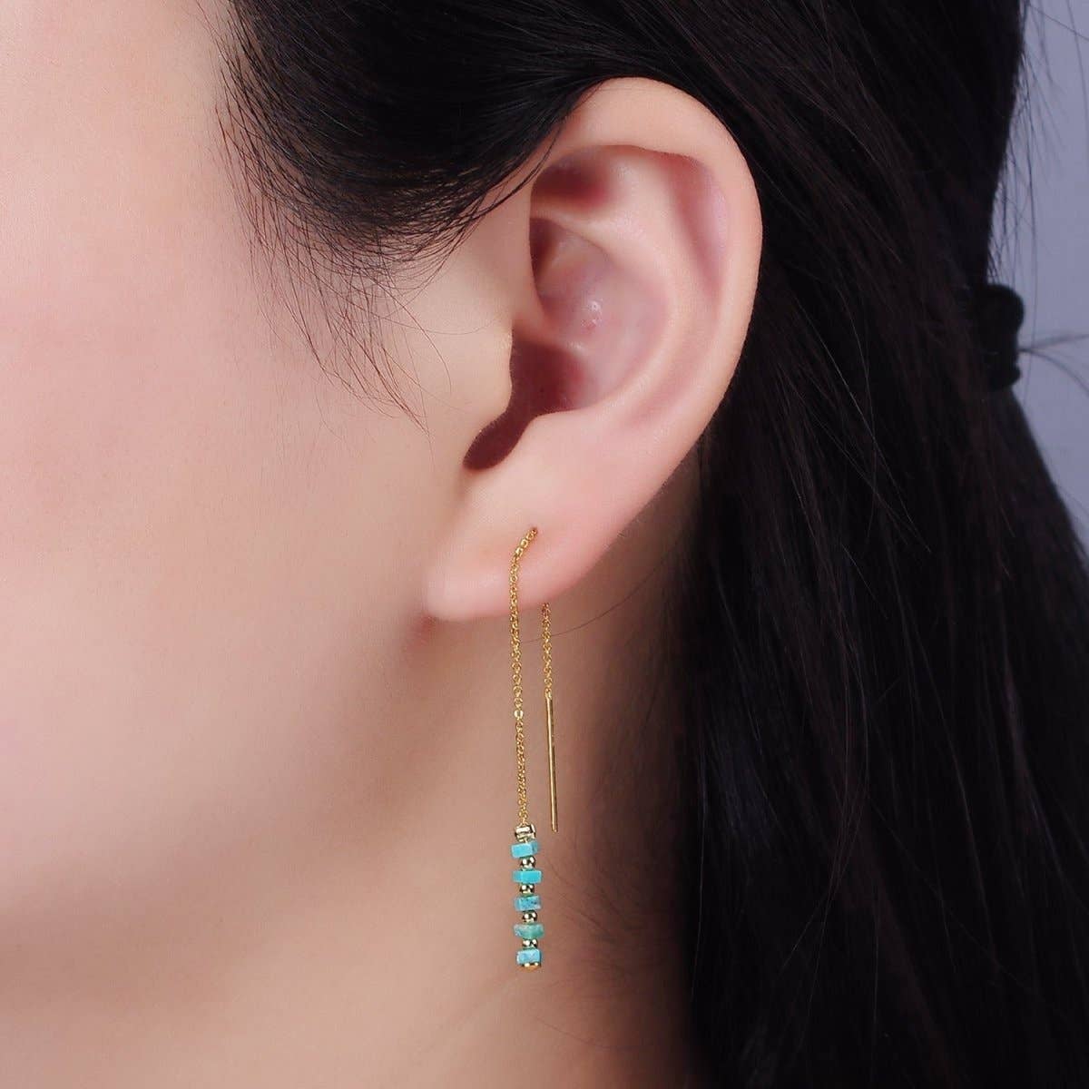 16K Gold Filled  Turquoise Gemstone Cable Chain Threader Earrings