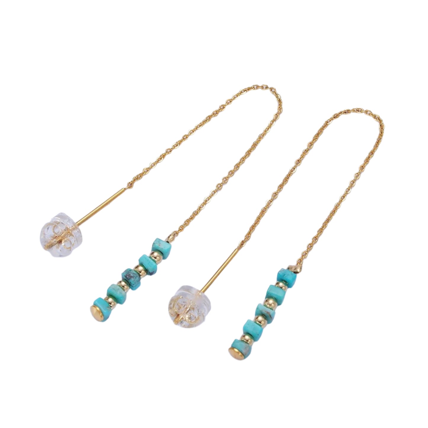 Pair of earrings with turquoise beads and gold chains on a light blue background