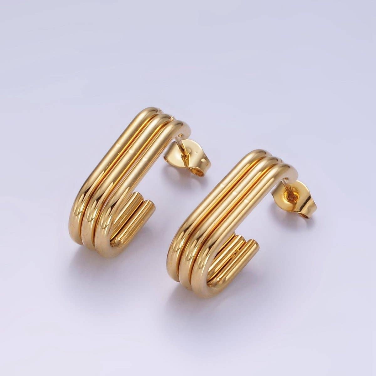 Stainless Steel Triple Band J-Shaped Hoop Earrings