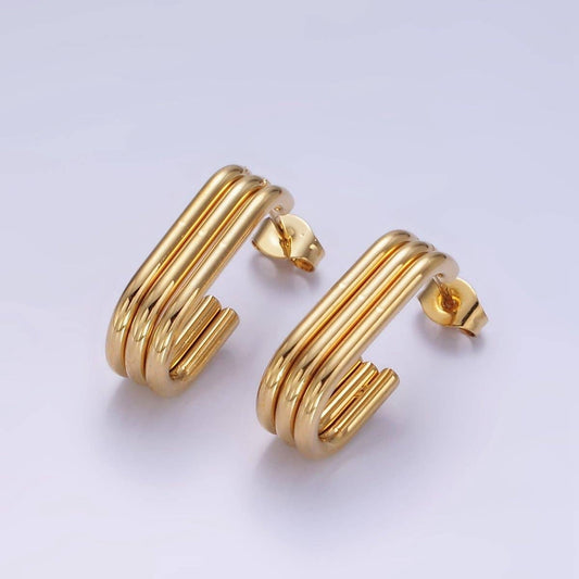 Stainless Steel Triple Band J-Shaped Hoop Earrings