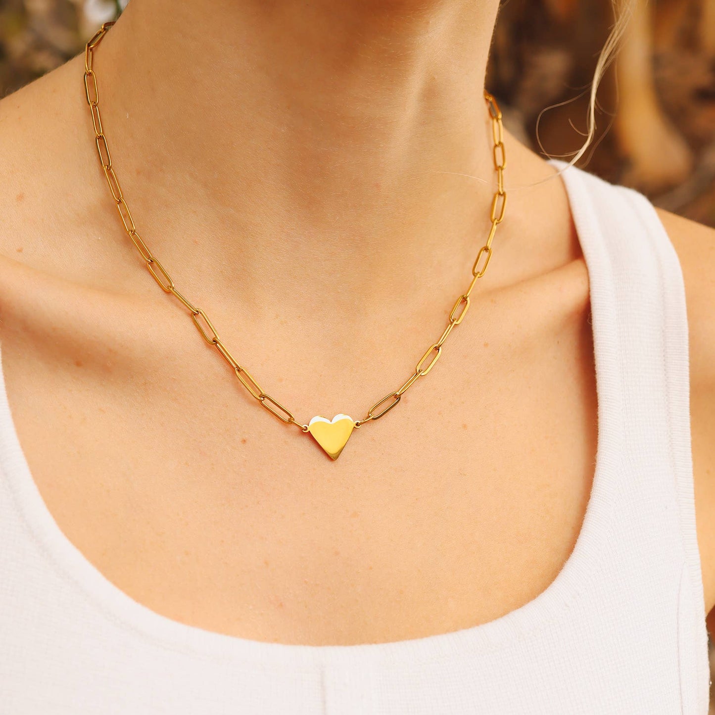 Stainless Steel Gold Heart Paperclip Necklace