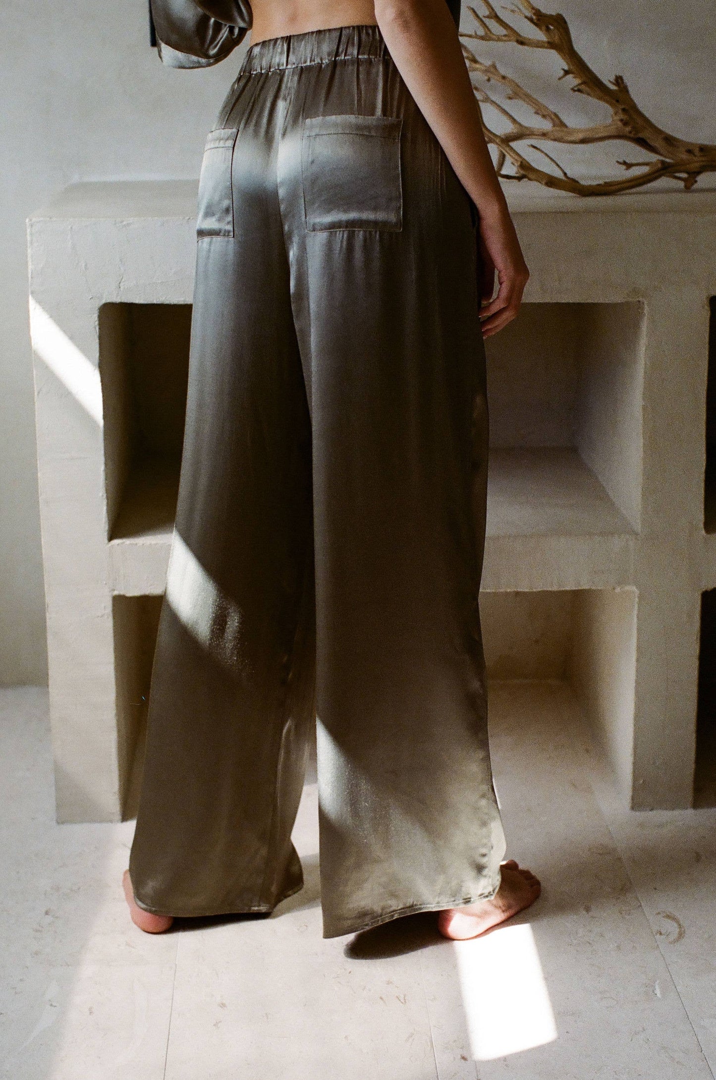 Olive Draw String Satin Wide Leg Pants