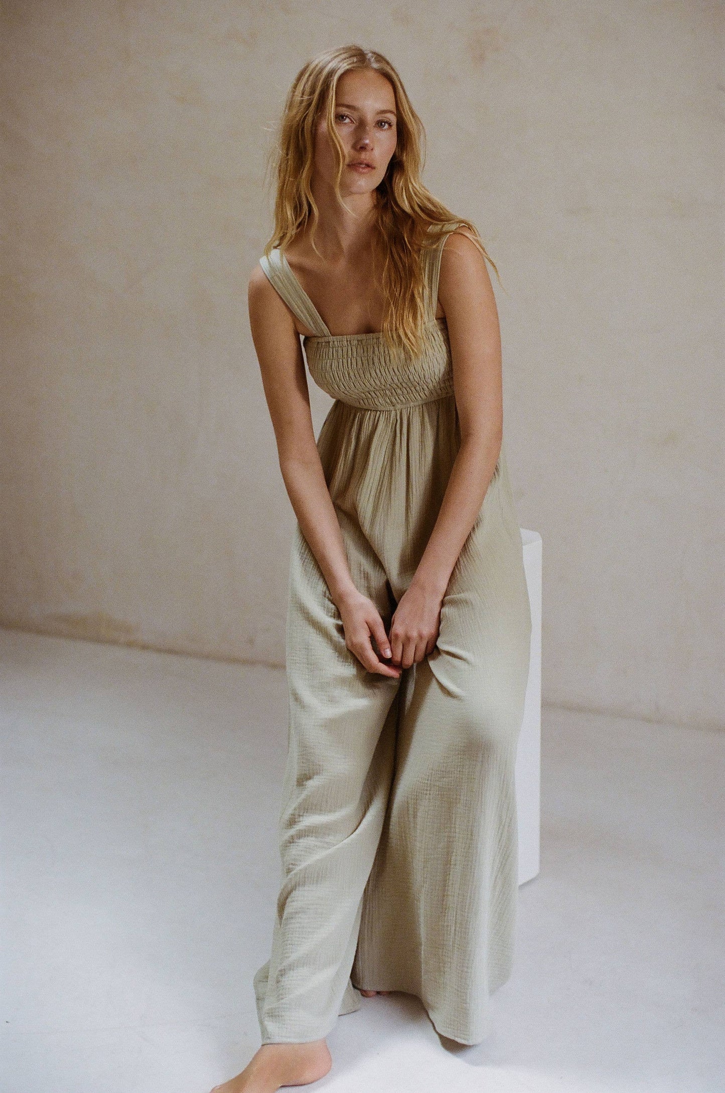 Woven Cotton Gauze Square Neck Jumpsuit