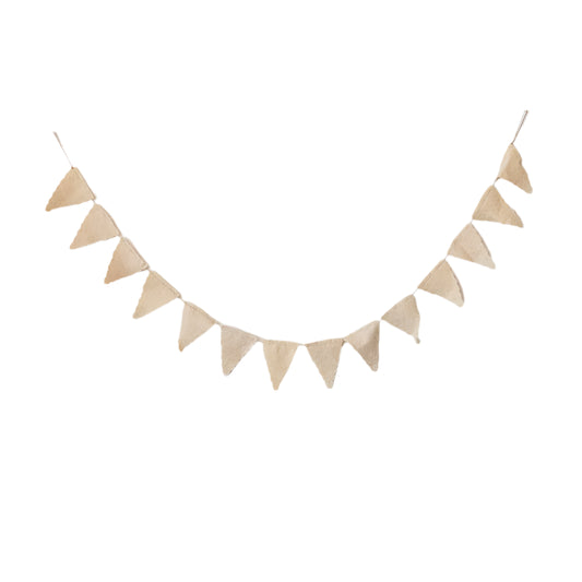Beige fabric triangle banner on a light gray background