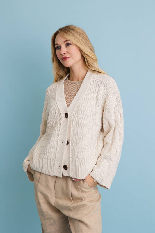 Cream Classic Textured Cable Knit Button Up Cardigan