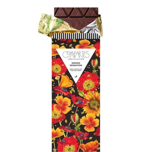Chocolate bar with floral packaging on a white background