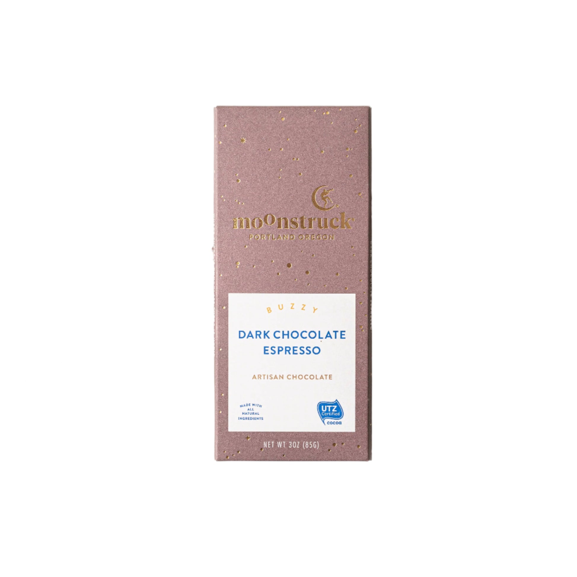 Moonstruck Dark Chocolate Espresso bar with scattered coffee beans on a white background