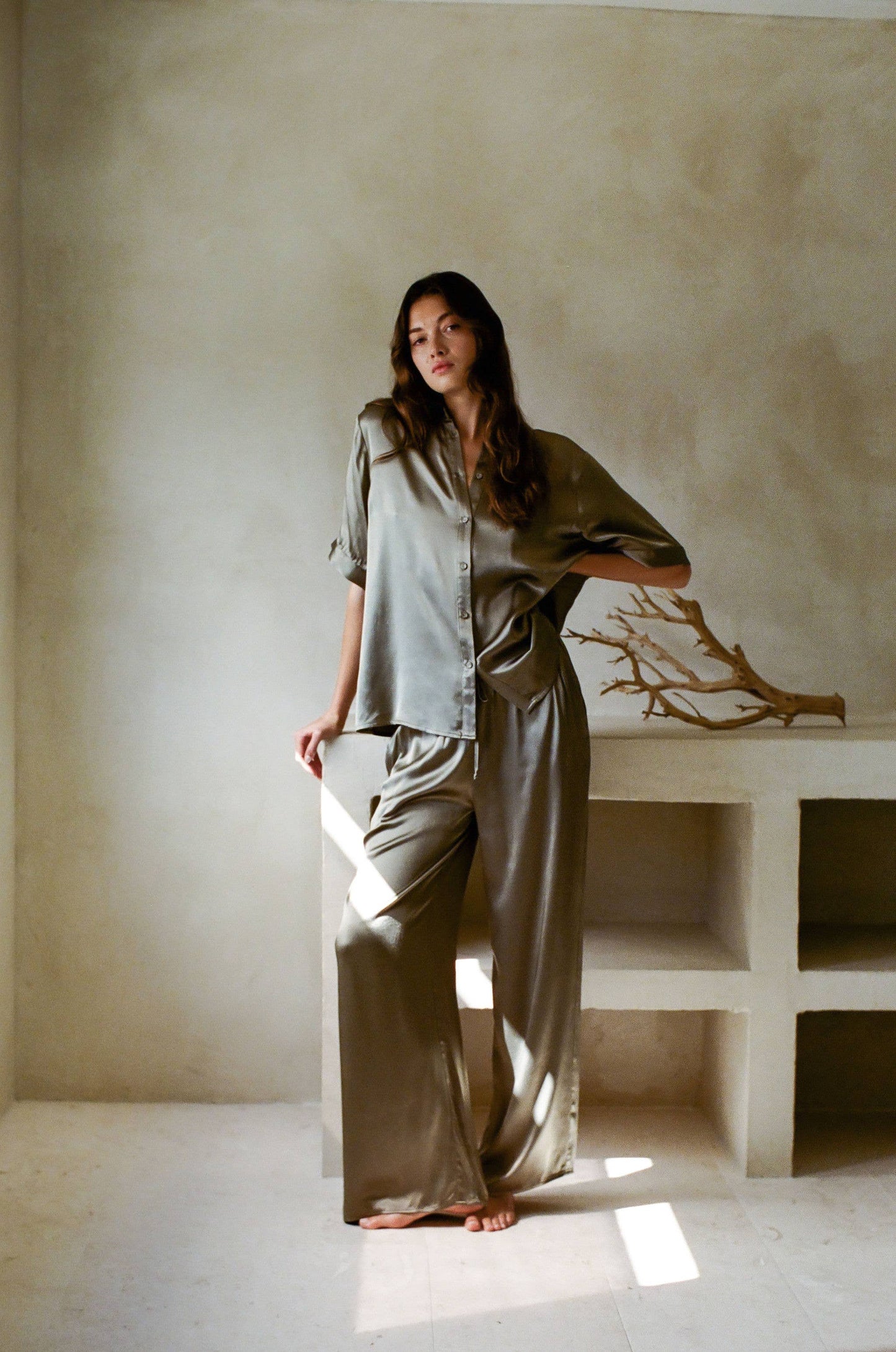 Olive Draw String Satin Wide Leg Pants