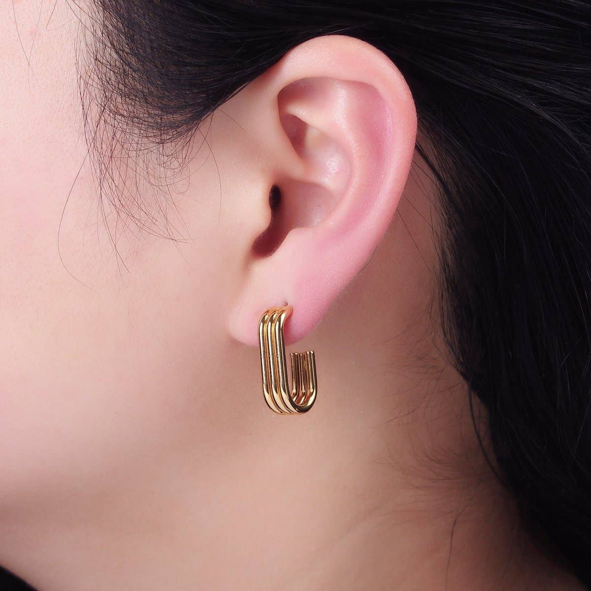 Stainless Steel Triple Band J-Shaped Hoop Earrings