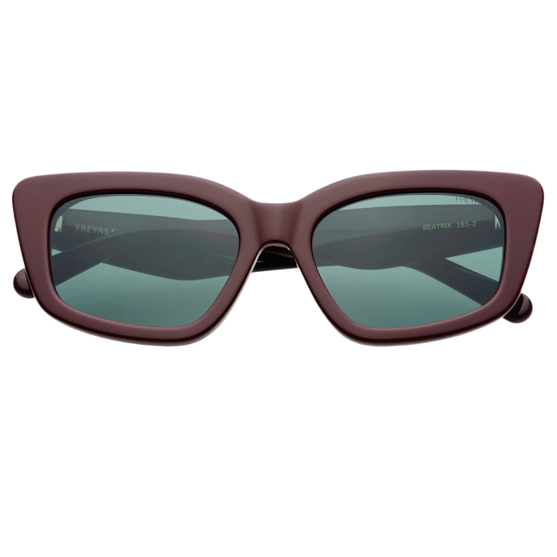 Sunglasses with a maroon frame and dark lenses on a white background