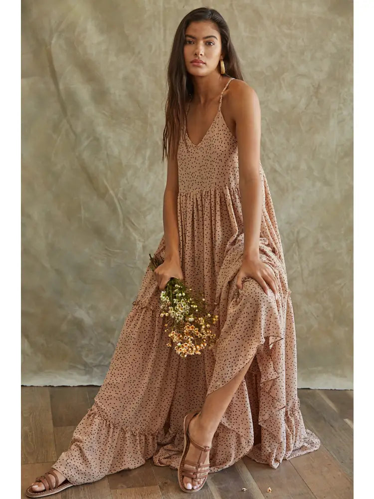 Dot Print V Neck Sleeveless Cross Back Ruffle Maxi Dress  Light Taupe
