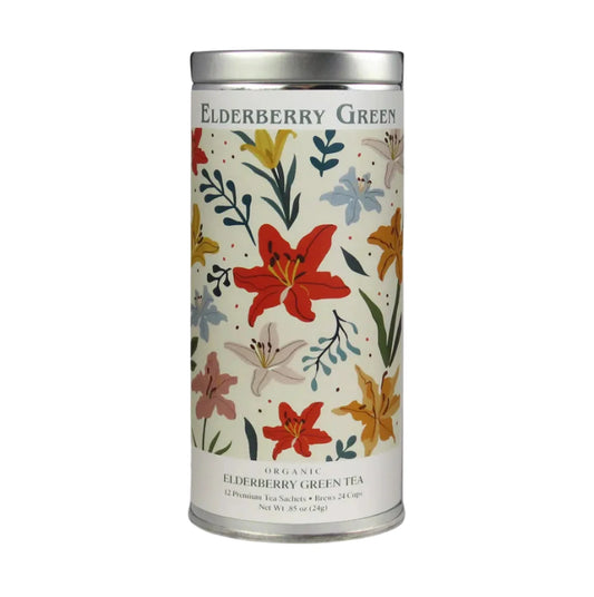 Tea canister with floral design and 'Elderberry Green' text on a white background