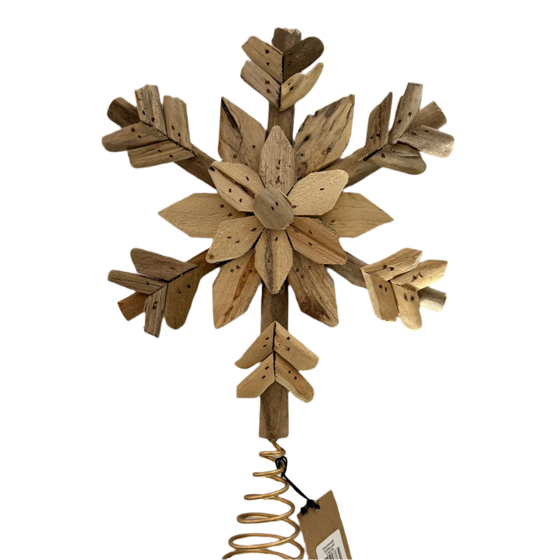 Wooden wall art with a gold spiral on a white background