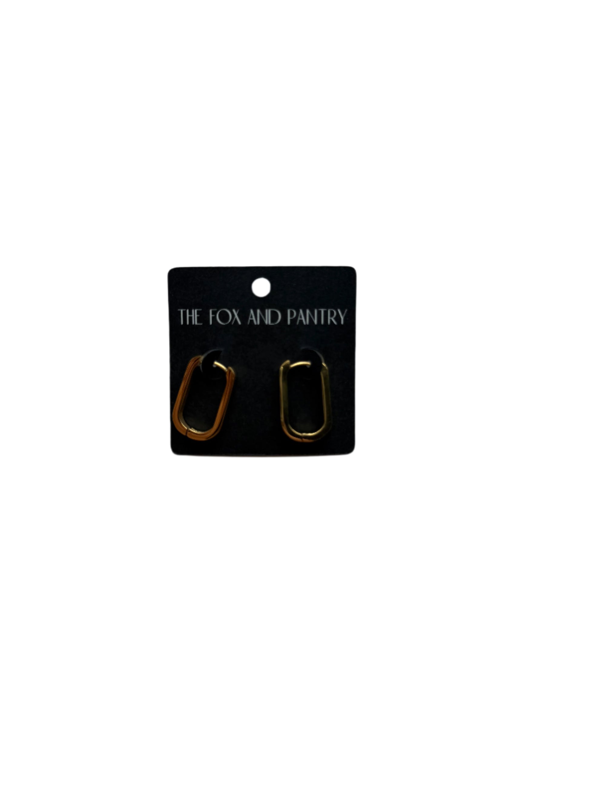Gold hoop earrings on a black card with 'The Old Pantry' branding against a light gray background