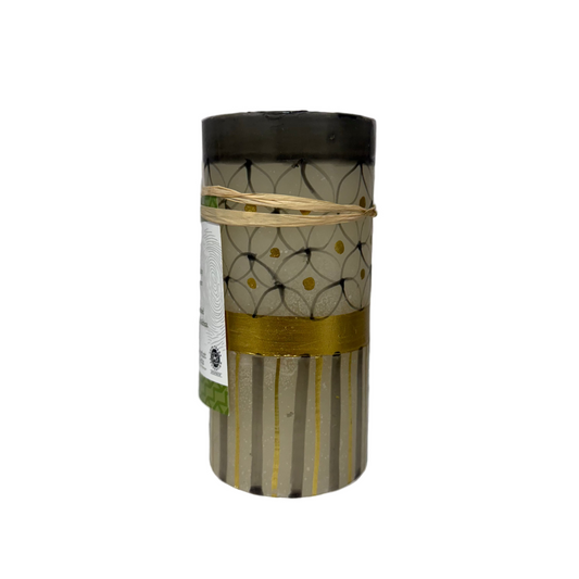Cylindrical product with decorative band on a white surface