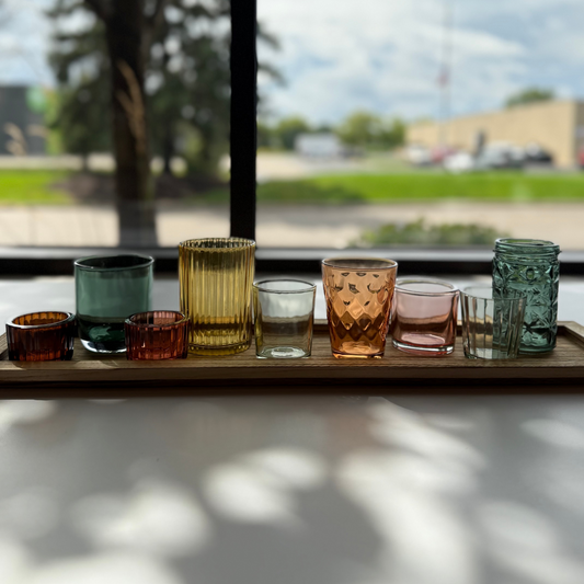 Embossed Glass Votive Holders with Tray, Set of 10