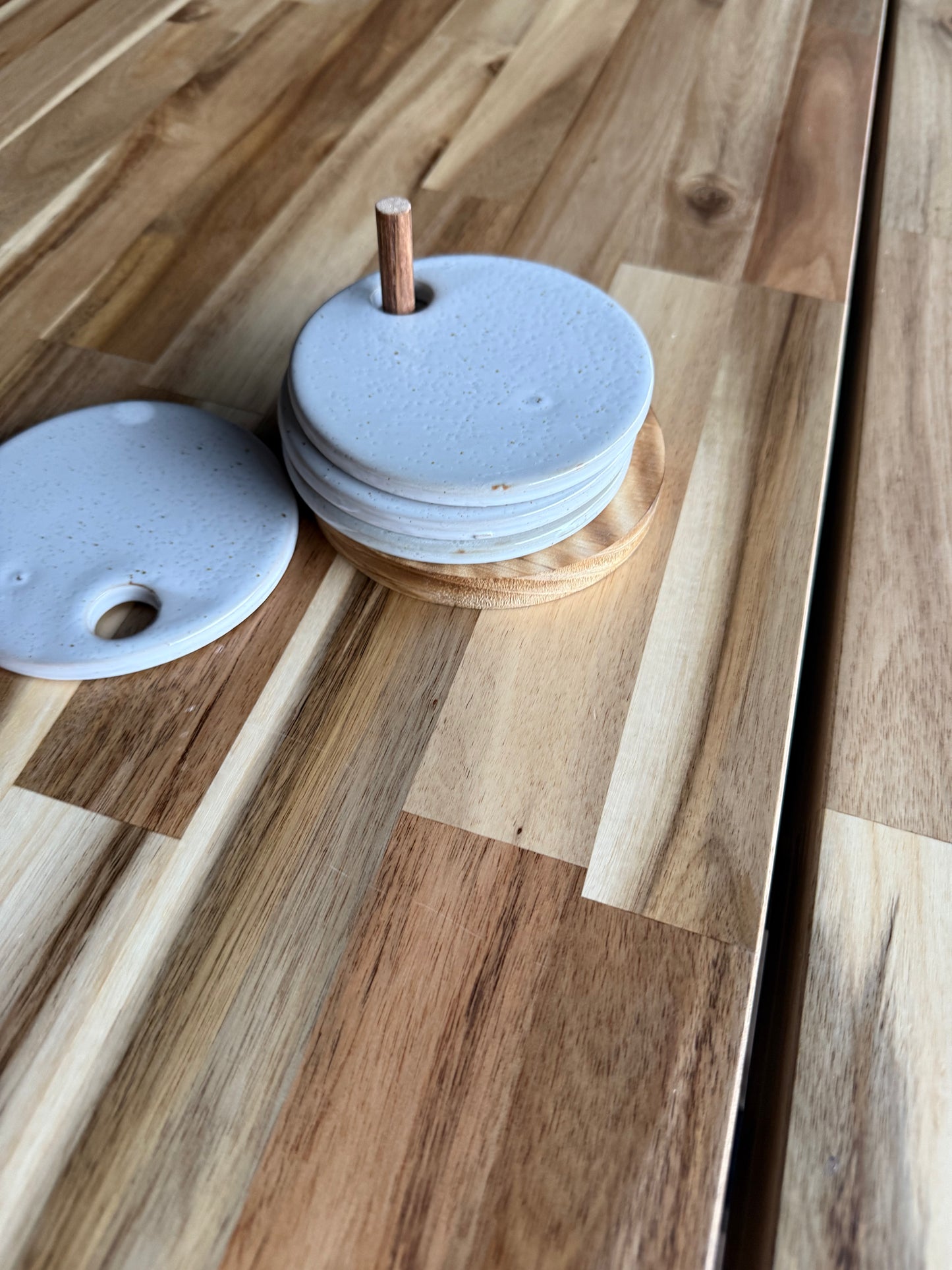 Stoneware Coasters w/ Wood Holder, Reactive Glaze, Set of 5