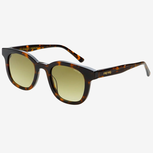 Sunglasses with tortoiseshell frame and yellow-tinted lenses on a white background