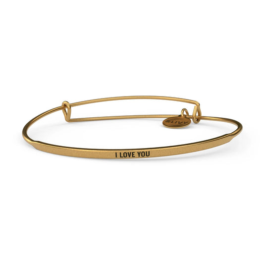 Gold bracelet with 'I LOVE YOU' engraving on a white background