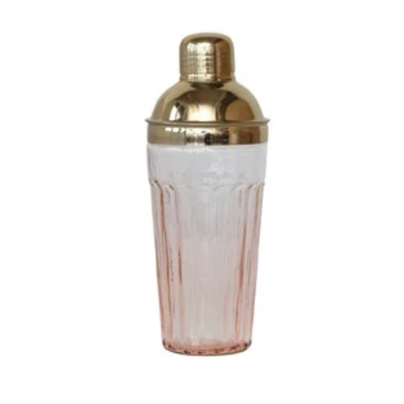 Glass Cocktail Shaker w/ Stainless Steel Top, Pink & Gold Finish